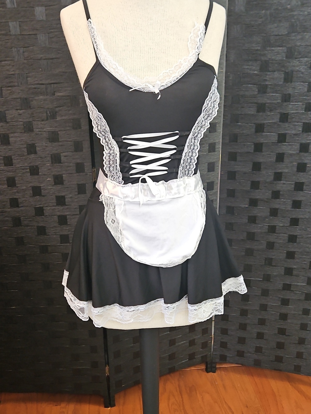 French Maid Black & White Lace Trim Costume Mini Dress Size XS